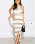 Knitted stripe print vest top and midi skirt co-ords set in beige