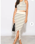 Knitted stripe print vest top and midi skirt co-ords set in beige