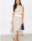 Knitted stripe print vest top and midi skirt co-ords set in beige
