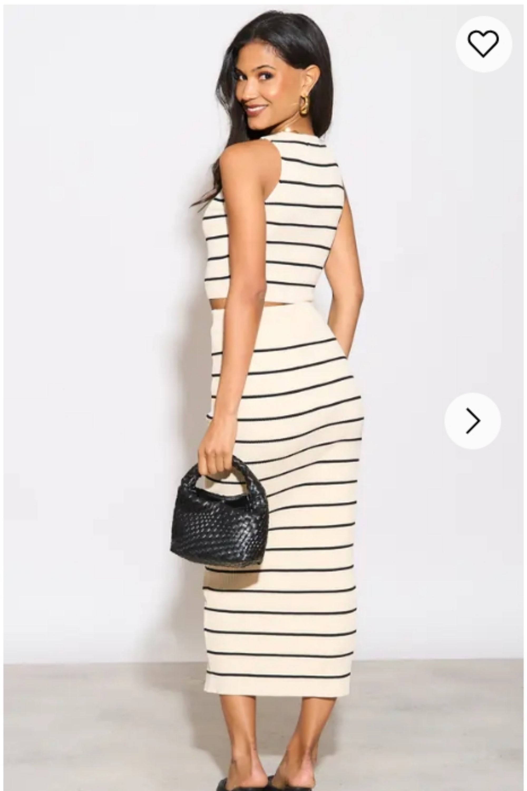 Knitted stripe print vest top and midi skirt co-ords set in beige