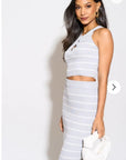 Knitted stripe print vest top and midi skirt co-ords set in grey