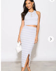 Knitted stripe print vest top and midi skirt co-ords set in grey