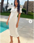 Knitted maxi dress with polo neck in Short Sleeves White colour