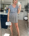 Short Sleeve V Neck Mini Dress in Grey and White Stripe
