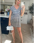 Short Sleeve V Neck Mini Dress in Grey and White Stripe