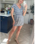 Short Sleeve V Neck Mini Dress in Grey and White Stripe