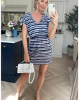 Short Sleeve V Neck Mini Dress in Black Stripe