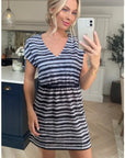 Short Sleeve V Neck Mini Dress in Black Stripe