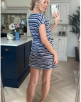 Short Sleeve V Neck Mini Dress in Black Stripe