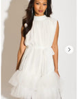 Stand collar shift dress with heavily gathered tiered mesh frills shirt hem design