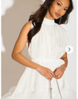 Stand collar shift dress with heavily gathered tiered mesh frills shirt hem design