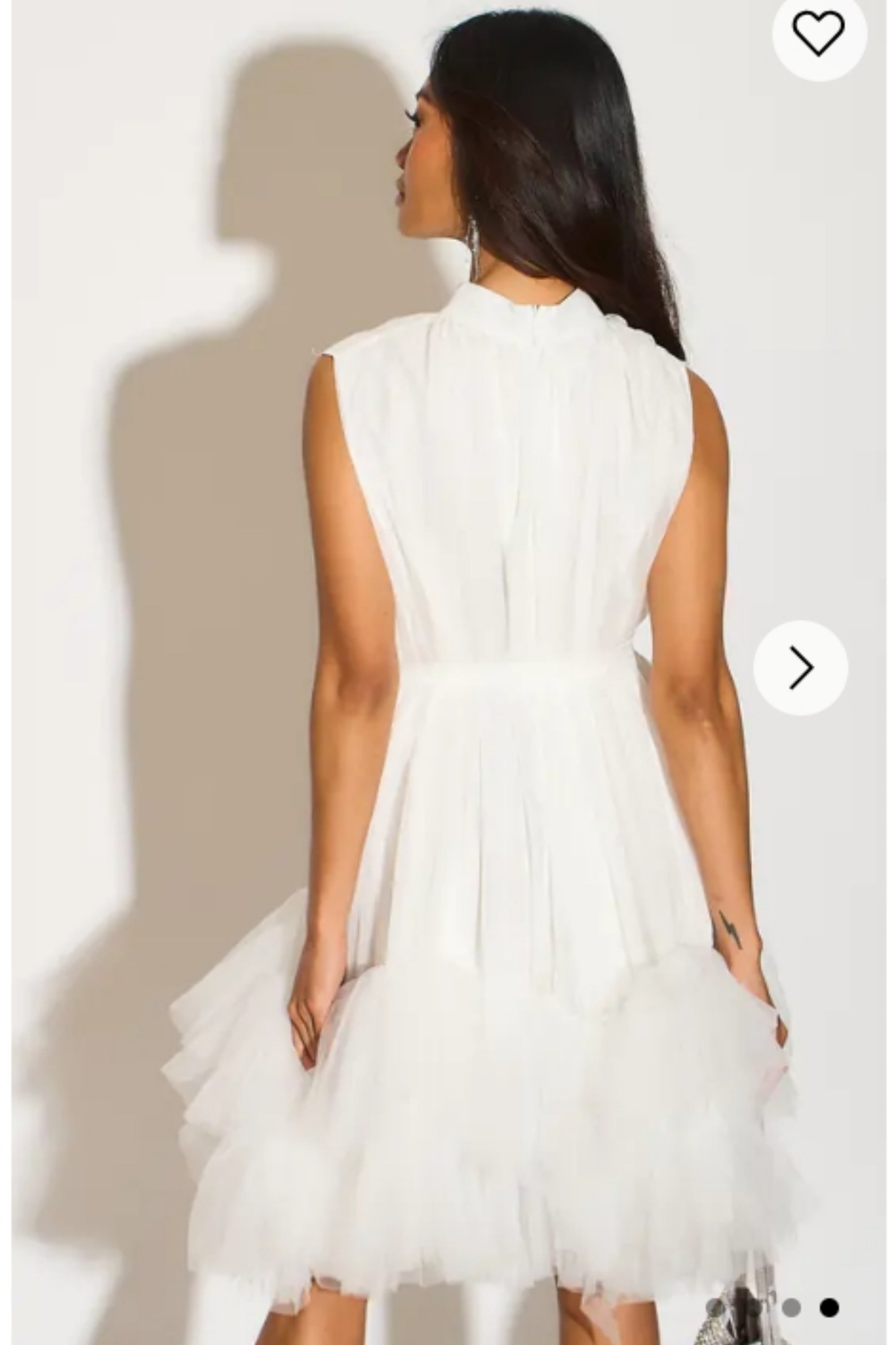 Stand collar shift dress with heavily gathered tiered mesh frills shirt hem design