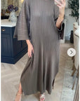 Full Length Pleated maxi dress with cap sleeves in Moka
