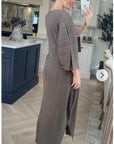 Full Length Pleated maxi dress with cap sleeves in Moka