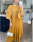 Full Length Pleated maxi dress with cap sleeves in mustard yellow