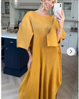 Full Length Pleated maxi dress with cap sleeves in mustard yellow