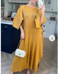 Full Length Pleated maxi dress with cap sleeves in mustard yellow