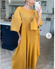 Full Length Pleated maxi dress with cap sleeves in mustard yellow