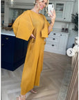 Full Length Pleated maxi dress with cap sleeves in mustard yellow
