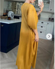 Full Length Pleated maxi dress with cap sleeves in mustard yellow