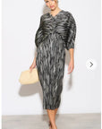 Metallic Print Pleated Dress in Kimono sleeves in Sliver