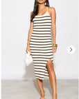 Knitted stripe print with straps design midi bodycon dress in cream