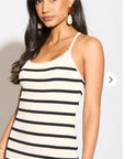 Knitted stripe print with straps design midi bodycon dress in cream