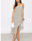 Knitted stripe print with straps design midi bodycon dress in cream