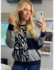 Leopard print with patch design jumper in black/grey