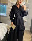 Puff sleeve shirt dress with tiered hem skirt in black