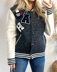 Knitted cardigan style bomber jacket with patch