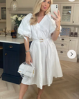 Oversized puff sleeve midi dress in White