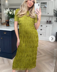 Pleated Midi dress with multi layer fringed tassel design in Green