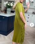 Pleated Midi dress with multi layer fringed tassel design in Green