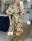 Oversized puff sleeve midi dress in COCONUT TREE Print