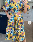 Oversized puff sleeve midi dress in COCONUT TREE Print