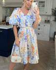 Oversized puff sleeve midi dress in Multi color floral print