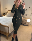 Long sleeves Buttons Design Midi bodycon dress in green