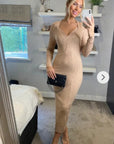 Soft Knitted Ribbed Midi Bodycon front twist design Dress In Beige