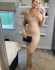 Soft Knitted Ribbed Midi Bodycon front twist design Dress In Beige