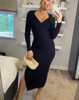 Soft Knitted Ribbed Midi Bodycon front twist design Dress In Black
