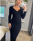 Soft Knitted Ribbed Midi Bodycon front twist design Dress In Black
