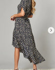 Ruffled Wrap Midi Dress in White and Black Sweetheart Print