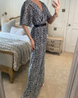 Lady Grey Leopard Print Chiffon Wrap Maxi Dress