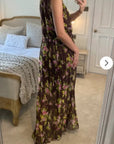 Chiffon Cross Wrap Maxi Dress in brown floral print