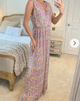 Chiffon Cross Wrap Maxi Dress Pink Floral