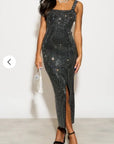 Multi Diamond Sequin Maxi Dress in Black
