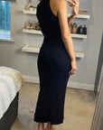 Soft Knitted Ribbed Midi Bodycon twist neck Dress In Black