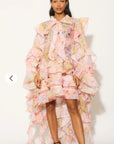 Heavy tiered ruffle oversized dress in pink floral print