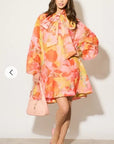 Oversized Pink Floral Print Billow Dress With Blouson Sleeves